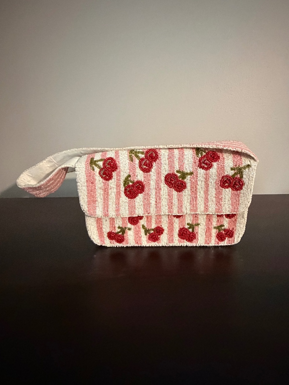 Viral Beaded Cherry Striped Pink and White Shoulder Bag Clutch